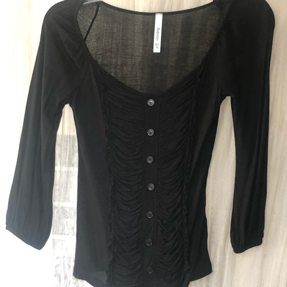 🌞 Rubicon 3/4 sleeve black tuxedo pleated top. Made in USA women Small - Picture 1 of 9